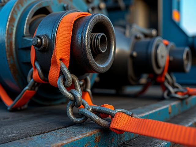 Large industrial machinery secured on a flatbed truck