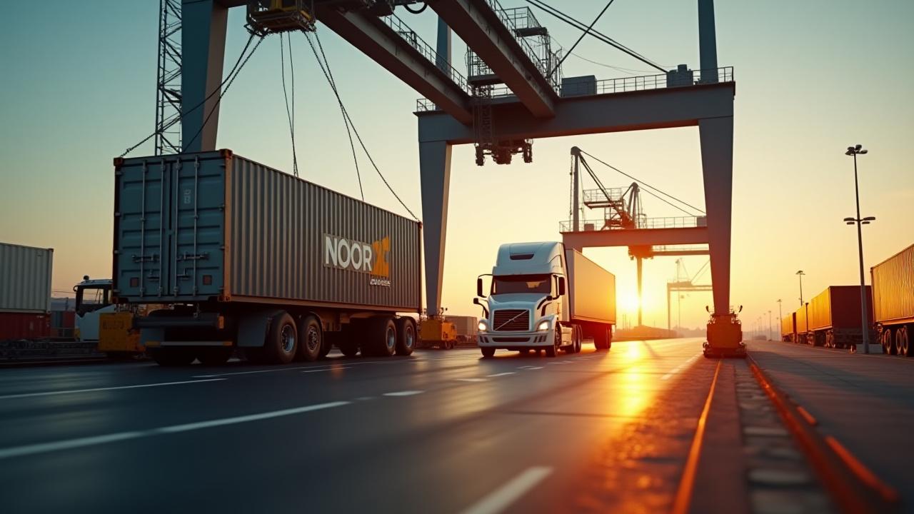 A Noor Load Movers intermodal container transitioning between a freight train and a delivery truck