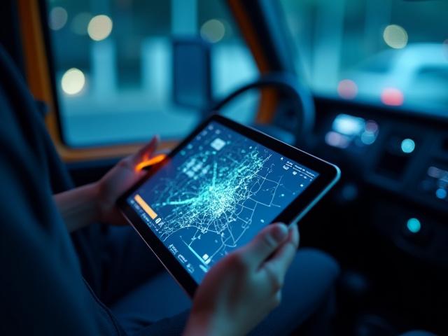 Driver using real-time tracking software on a tablet in a delivery van